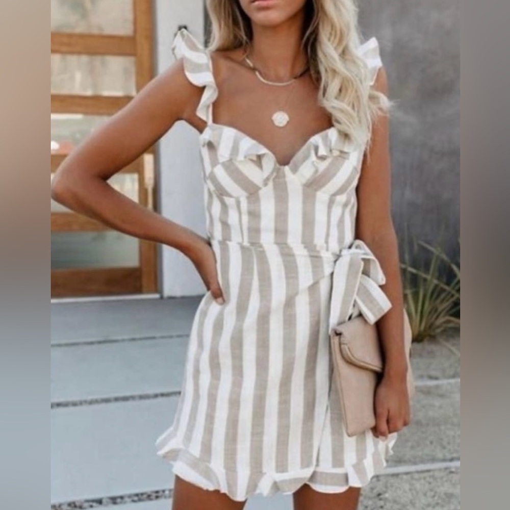 NWT Saints + Secrets Cotton Tan & White Striped Wrap Mini Dress in Small